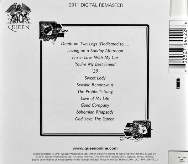 Queen-Albumcover mit Songtiteln. Schwarz-Weiß, stilisiertes Bild eines Königinnen-Gesichts.