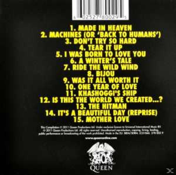 CD-Cover mit Titelliste in gelber Schrift auf schwarzem Hintergrund. Enthält ein Queen-Logo unten.