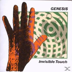 Albumcover, Genesis, 'Invisible Touch'. Eine Hand mit orangefarbenen und violetten Elementen über einem grünen Muster.