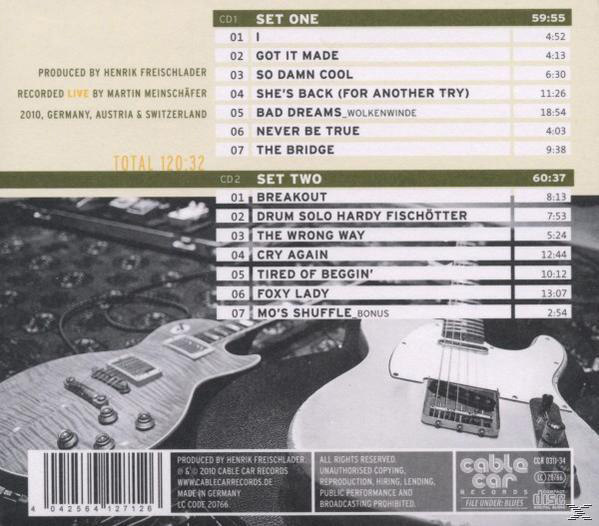 Album-Rückseite, Titelliste. Gitarren am unteren Rand.