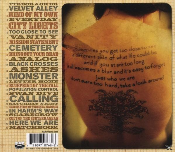 Albumcover mit Rückentattoo und Titelliste, brauner und verblichener Look.