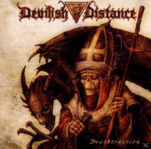 Albumcover mit Skelett in roter Robe mit Stab, Drachen und Text: Devilish Distance.