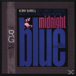 Albumcover: Kenny Burrell, Midnight Blue. Blauer Umschlag mit Text, Foto eines Mannes mit Gitarre.