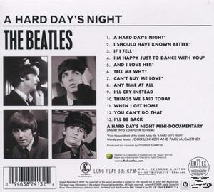 A Beatles 'A Hard Day's Night' című CD-jének borítója. A zenekar tagjainak fotóit, a számlistát és az album részleteit tartalmazza. Fekete-fehér.