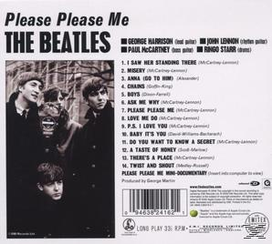 Rückseite einer CD-Hülle von The Beatles' 'Please Please Me'. Sie zeigt ein Foto der Band und die Titelliste.
