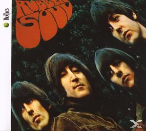 A Beatles 'Rubber Soul' albumának borítója. Négy zenekari tag, piros cím.