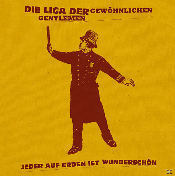 Ein gelbes Plakat mit einem Mann in Uniform, der einen Knüppel hält, und deutschem Text.