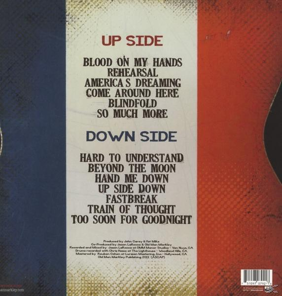 Albumcover mit Titelliste: Up Side und Down Side. Farben der französischen Flagge an den Seiten. Weiß und Blau in der Mitte.