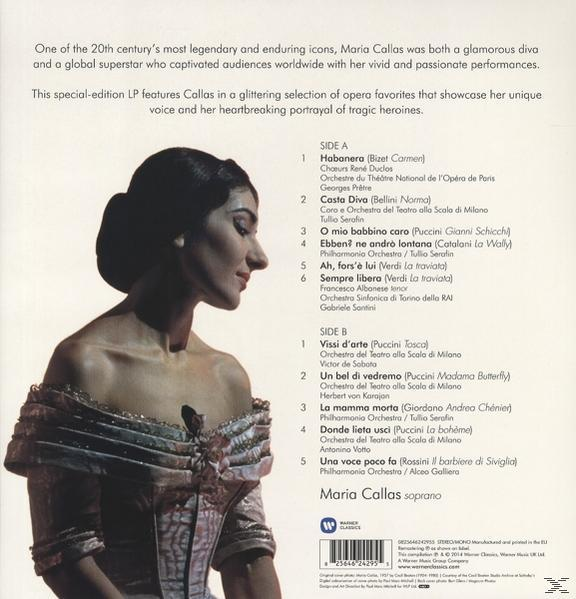 Albumrückseite: Maria Callas, Titelliste und Text auf weißem Hintergrund.