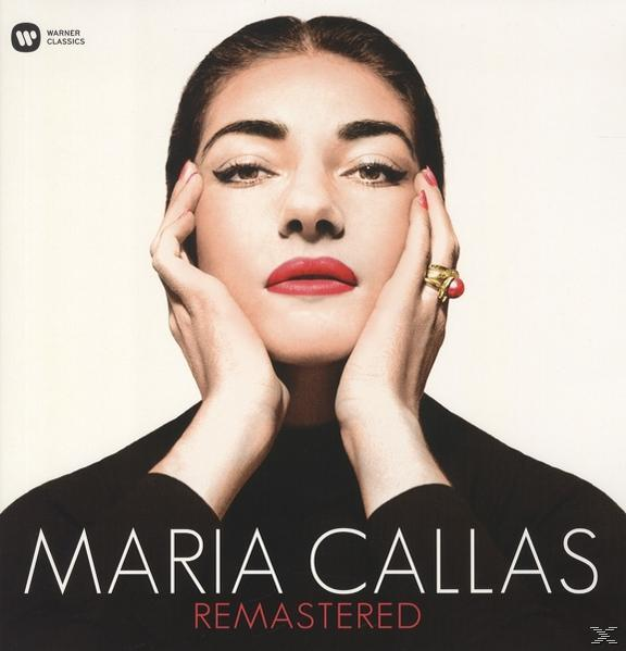Albumcover mit Maria Callas, Händen im Gesicht, roten Lippen und dem Titel 'Maria Callas Remastered'.