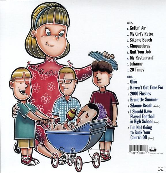 Albumcover: Cartoonfamilie mit Mutter und drei Kindern, eines im Kinderwagen.