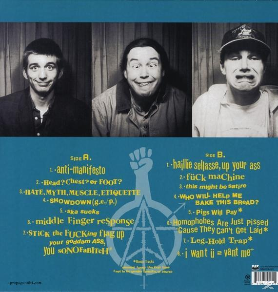 Albumcover mit 3 Männern, die Grimassen schneiden. Seite A und B Titelliste mit Logo in der Mitte.