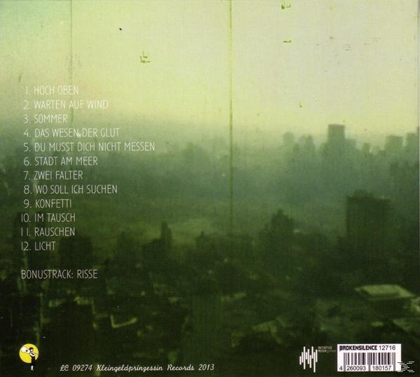 Albumcover mit Songtiteln und Skyline vor grünlichem Hintergrund.