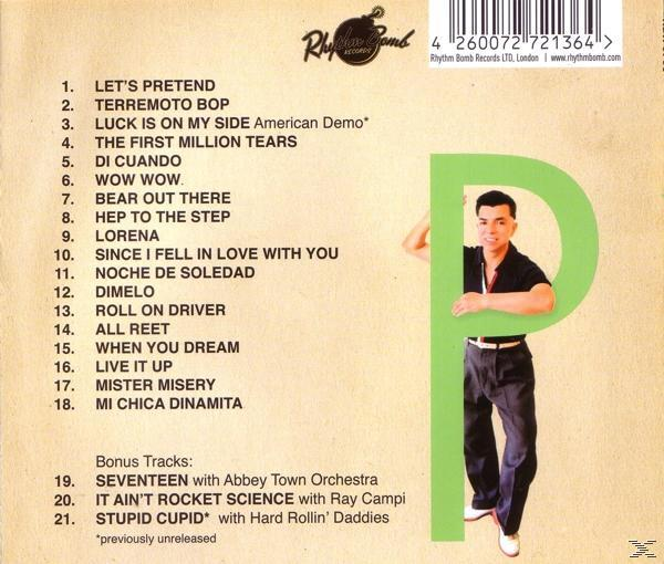 CD-Rückseite mit einem Mann neben einem grünen P. Titelliste und Rhythm Bomb Records Logo.