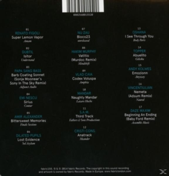 CD-hoes met tracklist. De tekst is wit. De hoes heeft een donkere achtergrond met verschillende namen.