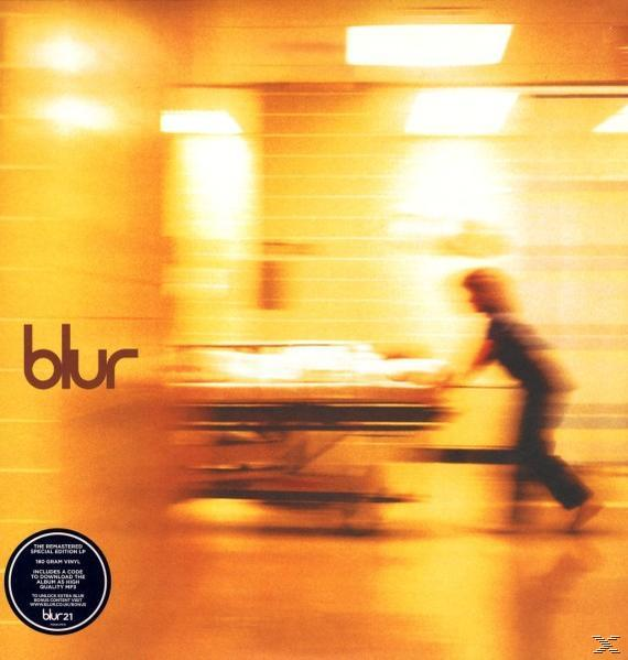 Albumcover. Blur-Albumcover. Person, die eine Trage schiebt, verschwommener Hintergrund mit orange-weißem Farbschema.