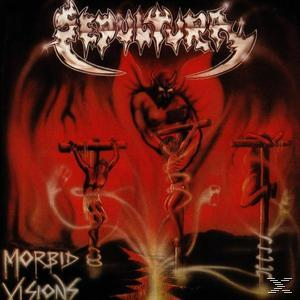 Albumcover, roter Hintergrund, Figuren an Kreuzen, Teufelsfigur, Bandname oben. Titel Morbid Visions.