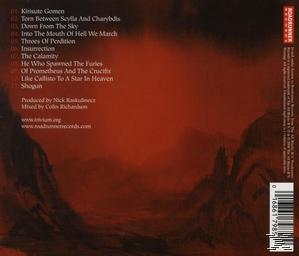 CD-Rückseite: Roter Hintergrund, Titelliste, Barcode. Dunkle, ominöse Kunst.