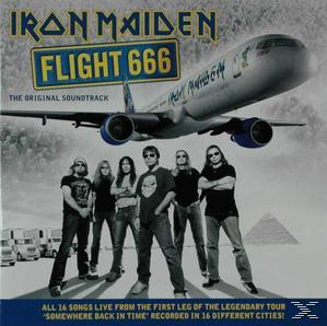 Albumcover mit einem Flugzeug über einer Gruppe von Leuten, dem Titel 'Flight 666' und dem Bandnamen 'Iron Maiden'.