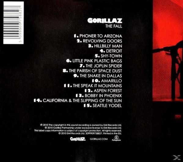 Schwarze CD-Rückseite mit weißem Text, der Gorillaz-Albumtitel und einen roten Hintergrund auflistet.