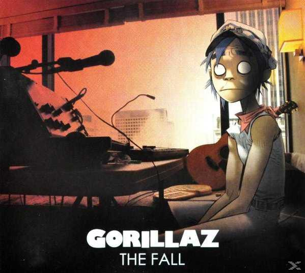 CD-Cover. Zeichentrickfigur mit weißen Augen in einem Raum. Text: Gorillaz, The Fall.