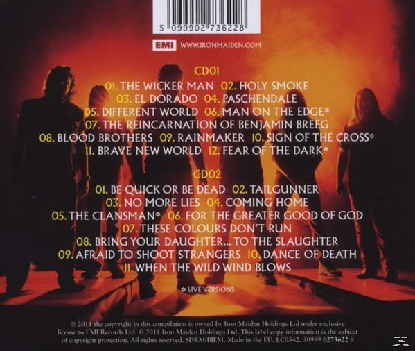 Albumcover. Silhouette von Bandmitgliedern. Roter und oranger Hintergrund. Text: Iron Maiden. Trackliste auf der Rückseite.