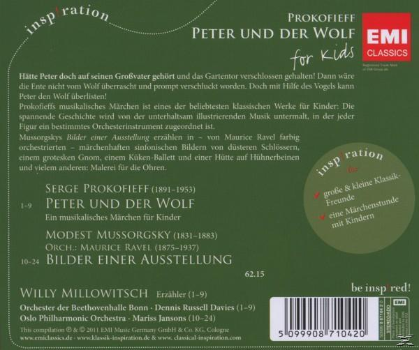 CD-Cover für 'Peter und der Wolf' mit Text und Illustrationen. Grüner Hintergrund und ein roter Kreis.