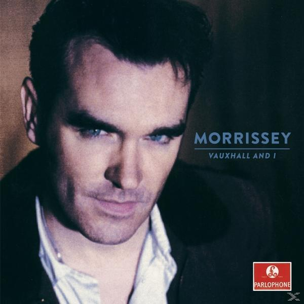 Morrissey-Albumcover: ein Mann mit blauen Augen, dunklem Haar und ernstem Gesichtsausdruck. Text: Vauxhall and I.