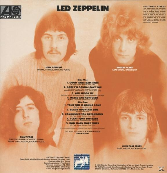 Pochette d'album : Led Zeppelin, quatre membres du groupe, liste des titres et détails.