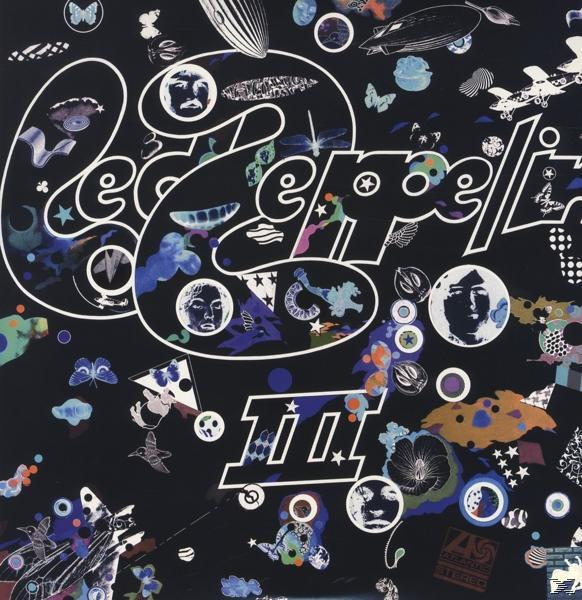 Albumcover. Schwarzer Hintergrund mit weißem Text und Illustrationen. Led Zeppelin.