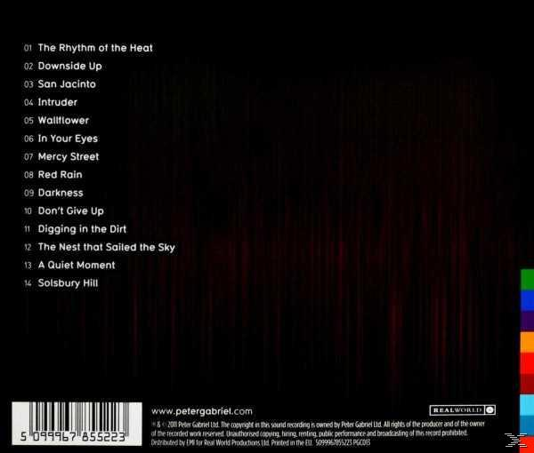 Schwarzes CD-Cover mit Titelliste und Text. Farbstreifen rechts.