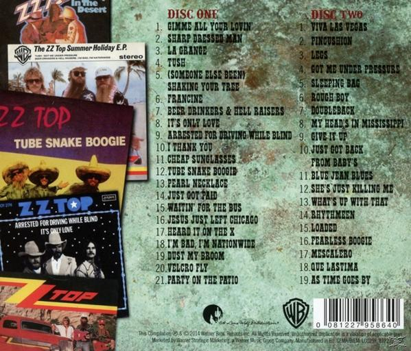 CD-Cover mit mehreren CD-Hüllen, einer Trackliste und Bildern, Zz Top und Warner Bros Logos.