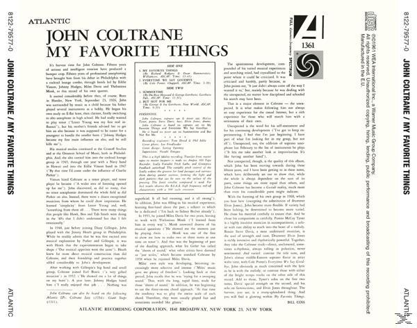 Albumcover 'My Favorite Things' von John Coltrane, mit Text und einem Foto des Künstlers.