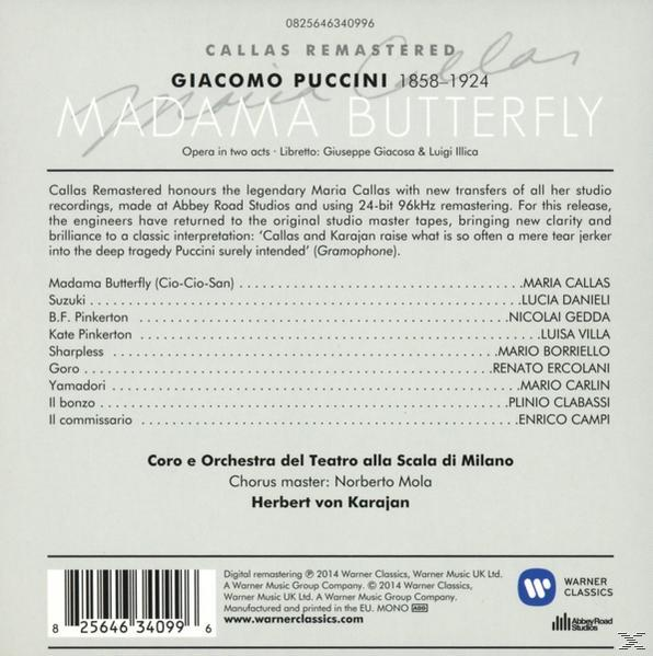 Rückseite einer CD-Hülle für Callas Remastered: Madama Butterfly. Enthält Text mit den Details der Besetzung und Produktion der Oper.