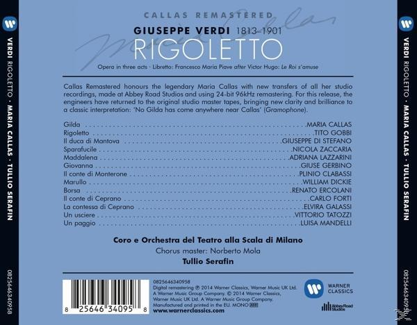 Albumcover für 'Rigoletto'. Textdetails zu Besetzung und Liedern der Oper, blauer Hintergrund.