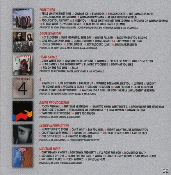 Albumcover-Kunst mit Titellisten für frühe Alben von Foreigner. Mehrere Albumcover sind sichtbar.