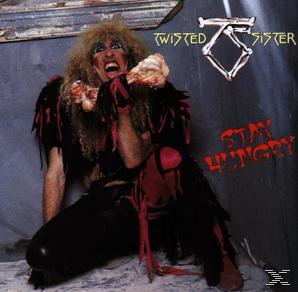 Albumcover von Twisted Sister's 'Stay Hungry'. Ein Mann schreit und hält Fleisch. Logo und Text der Band sind auf dem Cover.