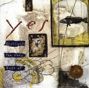 Albumcover mit abstrakter Kunst. Enthält Text 'YES' und 'Highlights'. Ein Fisch und eine Blume.