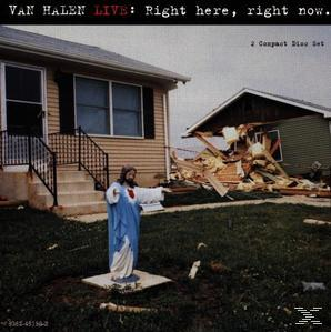 Albumcover: Haus, Jesusstatue, Text 'Van Halen LIVE'.