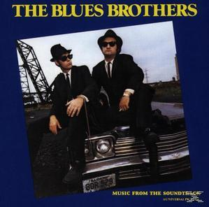 Albumcover, The Blues Brothers, zwei Männer in Anzügen und Hüten, sitzen auf einem Auto.