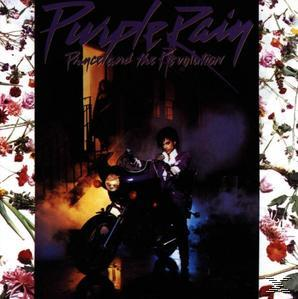 Album borító: Prince motoron. Lila árnyalatok, 'Purple Rain' cím. Virágos szegély.