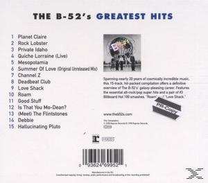 Albumcover für The B-52's Greatest Hits, mit Titelliste und Bandfoto. Das PR-Copy-Logo ist sichtbar.