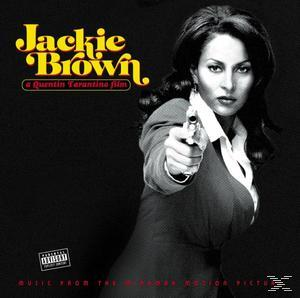 Albumcover für den Film 'Jackie Brown'. Eine Frau im Anzug richtet eine Waffe auf den Betrachter. Text sagt 'Jackie Brown'.