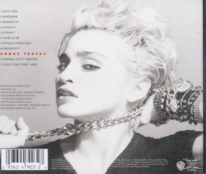 Albumcover. Madonna mit platinblondem Haar hält eine Kette, Albumtitel und Trackliste.