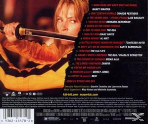Rückseite des Kill Bill-Soundtracks. Eine Frau mit Katana. Trackliste.