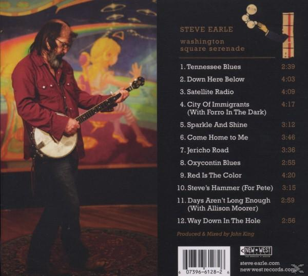Steve Earle album borítója. Férfi bendzsóval, számlista a jobb oldalon.