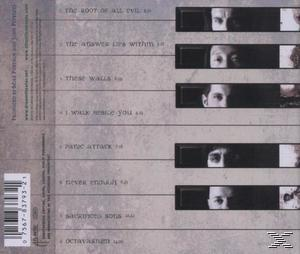 Album-Rückseite mit Titelliste und fragmentierten Gesichtern.