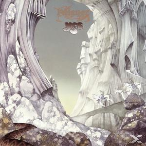 Yes Albumcover. Fantasielandschaft mit Felsformationen, Brücke und Logo in der Mitte.