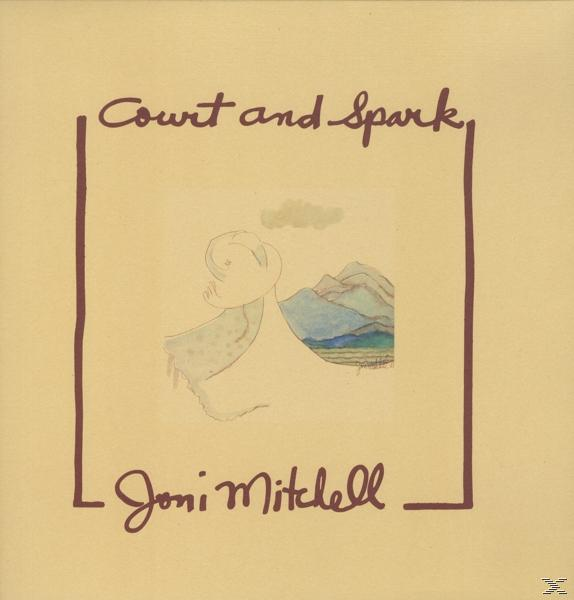 Albumcover mit handschriftlichem Text: Court and Spark und Joni Mitchell. Bild einer Landschaft.