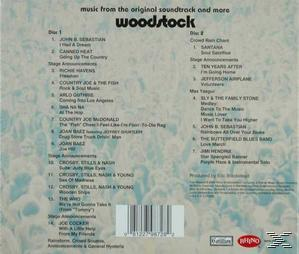 A Woodstock album borítója a hátoldalon a dalok listájával, fehér és kék háttérrel.